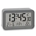 ADE Digitaler Funkwecker mit Licht | Wecker mit Temperaturanzeige und Kalender | kompakter Reisewecker | hübsches matt graues Gehäuse | mit Batterie