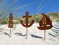 LB H&F 3er Set Gartenstecker Maritim Deko Roststecker Anker/Schiff/Leuchtturm Rost Metall wetterfest (3er Set 1)