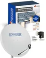 SCHWAIGER Satellitenschüssel Komplettset - Ø 80 cm Stahl Offset Antenne in Hellgrau - Inkl. sonnengeschütztes Quad LNB 4-Fach - Digital HD & 4K Empfang - Integrierte Kabelführung & wetterfest