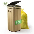 NewHabitat Gelber Sack Ständer aus Bambus I 80L Gelber Sack Behälter mit geruchsdichtem Deckel I Stabiler & Nachhaltiger Mülleimer Holz für Gelbe Säcke I Einfacher Aufbau, Schlichtes Design (Hell)