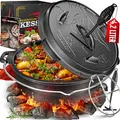 KESSER® Dutch Oven Set BBQ 4,2 Liter, Feuertopf Schmortopf mit Edelstahluntersetzer, Gusseisen Topf mit Deckelheber Henkel und Schlitz für Themormeter, kochkessel Grilltopf für Oudoor & Indoor