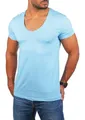 Young & Rich Herren Uni T-Shirt Basic mit extra tiefem V-Ausschnitt Slimfit deep V-Neck Stretch dehnbar 1315, Grösse:M, Farbe:Hellblau