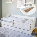 Kids Collective Kinderbett Jugendbett 80x160 cm mit Matratze Rausfallschutz Schublade Kinder Sofa Couch Bett umbaubar weiß | von 3. bis 10. Lebensjahr