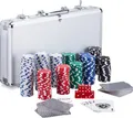 Relaxdays Pokerkoffer, 300 Laser Pokerchips, 2 Kartendecks, 5 Würfel, Dealer Button, Aluminiumkoffer abschließbar, silber