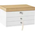 SONGMICS Schmuckkästchen mit 3 Ebenen, Schmuckkasten aus Holzwerkstoff, Schmuck-Organizer, Schmuckbox, mit Schubladen, für Ringe, Ohrringe, Armb... - Weiß/Braun