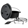 ToCis Big BBQ Dutch Oven Set Guernsey | fertig eingebrannter 9qt Gusseisen Topf | 9.0 Liter Feuertopf | Dutch Oven Zubehör inklusive Deckelheber und Topfständer | Raketenofen Outdoor mit Füße