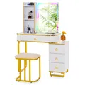 COSTWAY Schminktisch mit LED-Beleuchtung, kabelloser Ladestation, USB-Anschluss & 4 Schubladen, Kosmetiktisch mit Hocker, Weiß