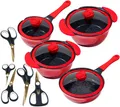 Topf-Set "ROSENBLÜTE", Aluminiumguss, (Set, 17 tlg Stieltopf 18 cm, je 1 Kochtopf 20/24 cm, Bratpfanne 24 cm, Scheren-Set), Antihaft-Beschichtung, Induktion schwarz
