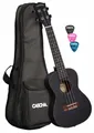 Schwarze Lefthand Konzert Ukulele mit Aquila Saiten, Gurtpins, Tasche & Picks
