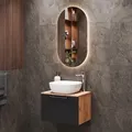 Planetmöbel Waschtischunterschrank Astra 60 cm Gold Eiche/Anthrazit mit weißem Keramik-Aufsatzwaschbecken - Grau