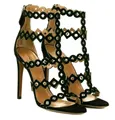 ALAÏA PARIS Circles & Diamonds Samt Laser Cut Metal Sandalen Schuhe 38 High-Heel-Pumps Karton in Lederoptik mit Metallecken und Lederriemenverschluss