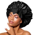 BONNET QUEEN Seidenhaube zum Schlafen, Satin Schlafhaube für Damen & Herren, Bonnet für Lockiges, Glattes Haar, Seidenhaube mit Breitem Elastikband, Motorhaube für Nacht & Alltag, Schwarz