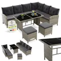 Juskys Polyrattan Lounge Manacor mit Ecksofa, Esstisch, 2 Hocker & Kissen - wetterfest bis 7 Personen - Bezüge waschbar - Rattan Garten Sitzgruppe Gartenlounge Gartenmöbel Set - Grau-meliert