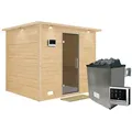 Karibu Sauna Sonara - Massivholzsauna mit Fronteinstieg 40 mm-9 kW Ofen inkl. Steuergerät-inkl. Dachkranz-Ganzglastür in Graphit-Optik