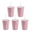Engelland - 5 x Kunststoffbecher mit Deckel, Rosa, Trinkbecher mit Strohhalm, Party-Becher, Plastik Trink-Gläser, Mehrweg, 0,25 Liter