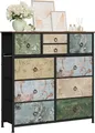 Woltu Kommode, mit 10 Schubladen aus Stoff, Metallrahmen, mit Vintage-Blumenmotiv