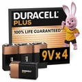 Duracell Plus 9V Blockbatterie, 4 Stück, 9 Volt Batterie ideal für Rauchmelder, Feuermelder