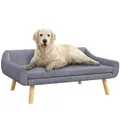 PawHut Hundesofa Katzensofa mit Rückenlehne, Hundecouch mit Holzbeine, Haustiersofa mit Kissen, Hundebett für mittelgroße und große Hunde, Samt, Grau, 102 x 58,5 x 42,5 cm