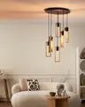 EGLO Hängeleuchte LITTLETON Hängelampe,Vintage, Stahl und Holz, IP20, Pendellampe, Lampe, ohne Leuchtmittel, Pendelleuchte, Esstisch, L150 cm x Ø50 cm, schwarz, braun, 6X40W exkl.