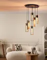 EGLO Hängeleuchte "LITTLETON Hängelampe,Vintage, Stahl und Holz, IP20, Pendellampe, Lampe", schwarz (schwarz braun), 6, Ø 50cm H: 150cm, 1 Stk., Leuchten, Pendelleuchte, Esstisch, L150 cm x Ø50 cm, schwarz, braun, 6X40W exkl., Hängeleuchte
