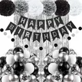 Geburtstag Dekoration Set, Mann Frauen Geburtstagsdeko, Schwarz Silber Happy Birthday Banner, Luftballons DIY Party Papier Pompoms Lametta Vorhang für Jungen Mädchen Geburtstag Deko Party Supplies