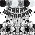 Geburtstagsdeko Set Luftballons Banner Pompoms Lametta Party Deko Schwarz Silber