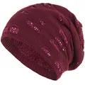 Compagno Mütze Damen Wintermütze mit Pailletten warm gefütterte Beanie Strickmütze Hat Haube Einheitsgröße, Farbe:Dunkelrot