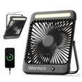 Warmco 20000mAh Akku Camping Ventilator Leise 27cm mit Lampe, 15-48 Std. Laufzeit, Ultraflach, Display, Haken, USB Tischventilator für Zelt, Outdoor, Reisen, Büro, Wohnmobil, Schlafzimmer