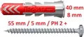 Fischer DuoPower Dübel 8x40 S mit Rundkopfkopfschraube PH2 +  5,0 x 55 A19169 29