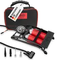 HEYNER® 22500N Fußluftpumpe Doppelzylinder 2 Zylinder mit Manometer bis 10 bar + Tasche, Schwarz