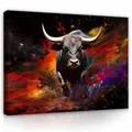 WallArena - Leinwand Bilder Bulle Tiere - 120x80 cm Leinwandbilder - Bild auf leinwand - Wandbild XXL groß Wandbilder für Wohnzimmer Schlafzimmer Wohnzimmerbilder Modern - Abstrakt Tiere Bunt