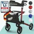 ELONEO Rollator faltbar und leicht mit Sitz, Leichtgewicht-Reiserollator aus Aluminium, Gehhilfe 8-fach höhenverstellbar, Laufhilfe 3-fach faltbar - Rot