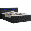 Juskys Boxspringbett Leona Samt 140x200 cm in Schwarz – mit LEDs, Topper & Federkern-Matratzen - Schwarz