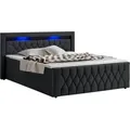 Boxspringbett Leona 140x200 Cm - Bett Mit Led Beleuchtung, Topper & H4 Federkern Matratzen - Einzelbett Schwarz Mit Samt Und Steppung - Juskys