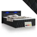 Juskys Boxspringbett Leona 140x200 cm - Bett mit LED Beleuchtung, Topper & H4 Federkern Matratzen - Einzelbett Schwarz mit Samt und Steppung