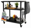 Servierwagen VULCAN mit Rollen Outdoor | HxBxT 114x51x93cm | 4 Lenkrollen mit Feststellbremse | 3 Ablagen | inkl. 8 Haken, Müllbeutelhalter & Handtuchgriff | Metall | Schwarz | Grillwagen Küchenwagen Wetterfest Grilltisch