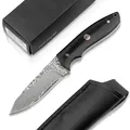 Magnum® Vernery Damast Knife - Jagdmesser mit Leder-Scheide schwarz - Gürtelmesser mit Damaststahl Droppoint Klinge 67 lagig - Damascus Hunting Knife mit Eben-Holz Griff