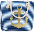 styleBREAKER gestreifte Strandtasche mit Anker Print | maritimer Shopper mit Kordelgriffen | Badetasche groß 46 x 34 x 12 cm, Farbe:Blau-Weiß/Gold