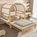 Erweiterbares Gewölbtes Dachbett, Schiebebett, Kinderbett, Tagesbett, Kleine seitliche Ablagefläche, Kiefer+MDF, Weiß+Natur, 140x200cm