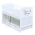 Baby Delux Babybett Kinderbett umbaubar zum Juniorbett weiß 140x70 Schublade Matratze mit Motiv Sweet Dreams (mit Kokos-Buchweizen-Matratze 140x70x9 cm)