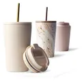MAMEIDO Thermobecher mit Strohhalm 470 ml, Trinkbecher mit Deckel und Strohhalm aus Edelstahl doppelwandig isoliert, auslaufsicher, Coffee to go Becher (Ivory Beige)