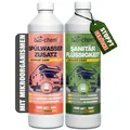 bio-chem Campingtoiletten-Zusätze: Mikrobiologische Sanitärflüssigkeit 1 L + Spülwasserzusatz 1 L inkl. Dosierbecher – Sanitärzusatz für Campingtoilette, Mobile Toilette, Chemietoilette – Made in GER