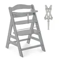 hauck Alpha+, Grey - Mitwachsender Holzhochstuhl aus Buche für Kinder ab 6 Monaten bis 90 kg - Inklusive 5 Punkt Gurt, Schrittgurt, Schutzbügel - Kompatibel mit viel Zubehör