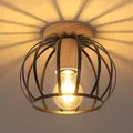 Goeco Deckenleuchte Schwarz, E27 Lampenfassung Industrial Lampenschirm in Form eines Metallkäfigs mit Holzsockel, Deckenlampe Vintage für Flur, Balkon und Speisesaal, Ø 19cm