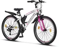Licorne Bike Guide Premium Mountainbike in 20, 24, 26, 27.5 und 29 Zoll Fahrrad für Mädchen Jungen Herren und Damen (26 Zoll, Weiß/Rosa)