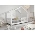 TIMBEE MURLO Hausbett Kinderbett 100x200 cm Weiß mit Rausfallschutz Lattenrost Naturholz Kiefer Holzbett Beinhöhe 3 cm - Weiß