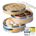 Dimono® Dampfgarer Aus Bambus Mit Edelstahl, 2 Etagen Bambus-Dämpfer Mit Deckel, Dämpfaufsatz Und Dampfkorb für Sim Sum Dumplings, Gemüse, Reis, Fleisch Und Fisch (Ø 20 cm)