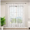Woltu Gardine (2 St), halbtransparent, Blumen Stickerei mit Schlaufen Leinen Optik grau 140 cm x 245 cm
