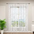 WOLTU 2er Set Gardinen transparent Blumen Stickerei mit Schlaufen Leinen Optik, Doppelpack Vorhang Stores Voile Fensterschal Dekoschal für Wohnzimmer Schlafzimmer, 140x245 cm, Grau