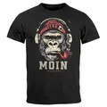 Neverless Print-Shirt Herren T-Shirt Moin Schriftzug Gorilla Möwe Musik Aufdruck Brustprint mit Print schwarz M